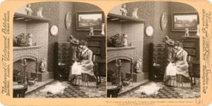 An example of a stereo card; depicting a stereoscope being used, 1901. Photo card by Underwood & Underwood, image courtesy of Library of Congress