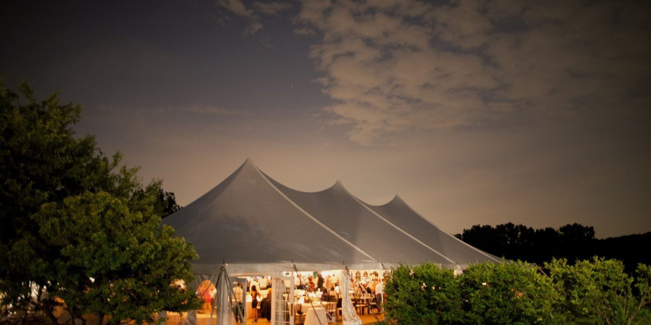 Exterior photo of the Garden Tent at dusk.