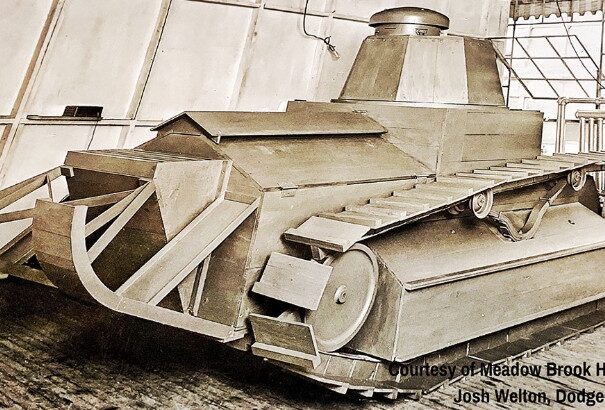 Historic photo from 1918 showing a prototype design of a tank created by the Dodge brothers.