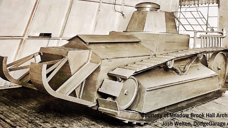 Historic photo from 1918 showing a prototype design of a tank created by the Dodge brothers.