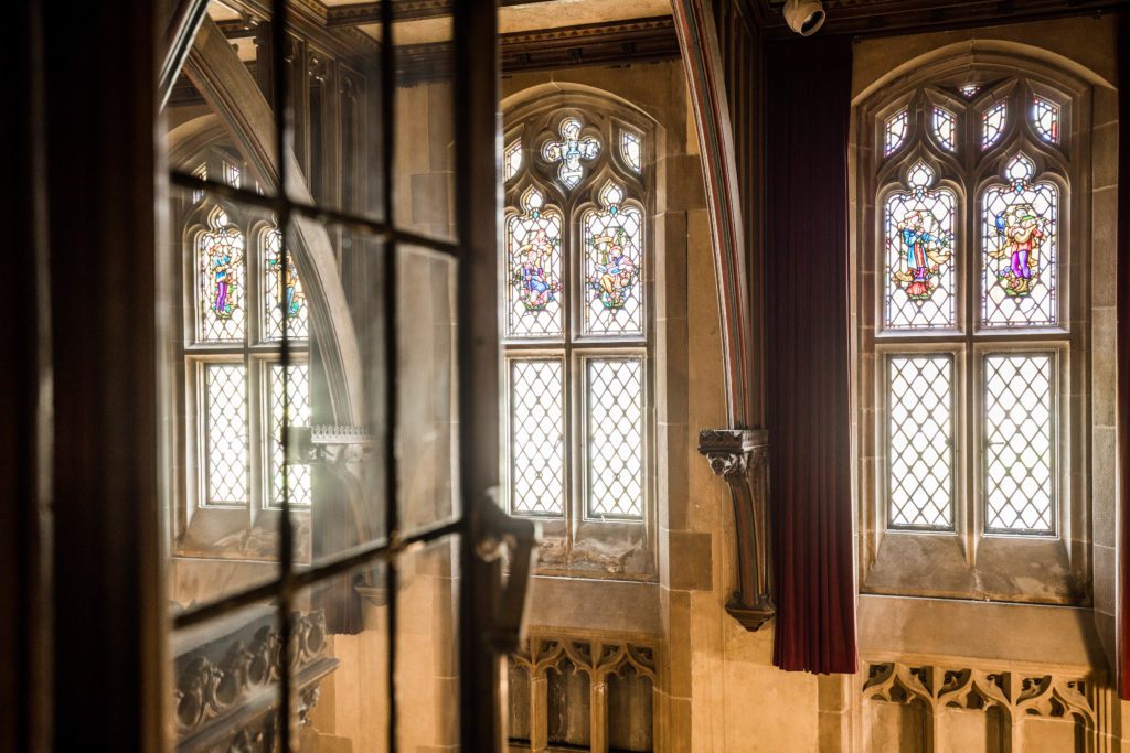 Gothic-inspired stained glass windows at Meadow Brook Hall