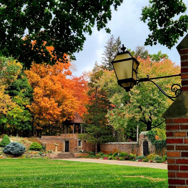 Meadow Brook Hall with colorful fall foliage.