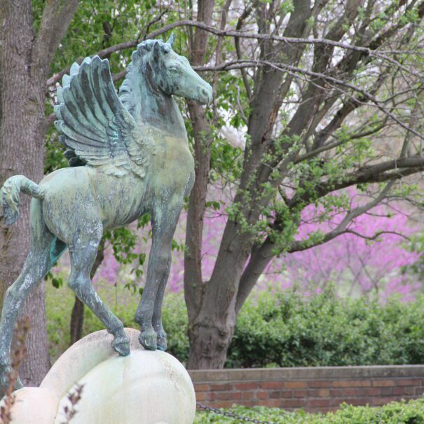 Pegasus Fountain in springtime at Meadow Brook Hall
