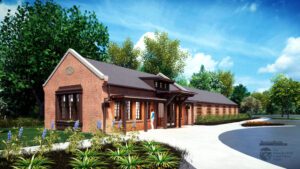 Rendering of Meadow Brook Hall's De Carlo Visitor Center, which is now under construction.
