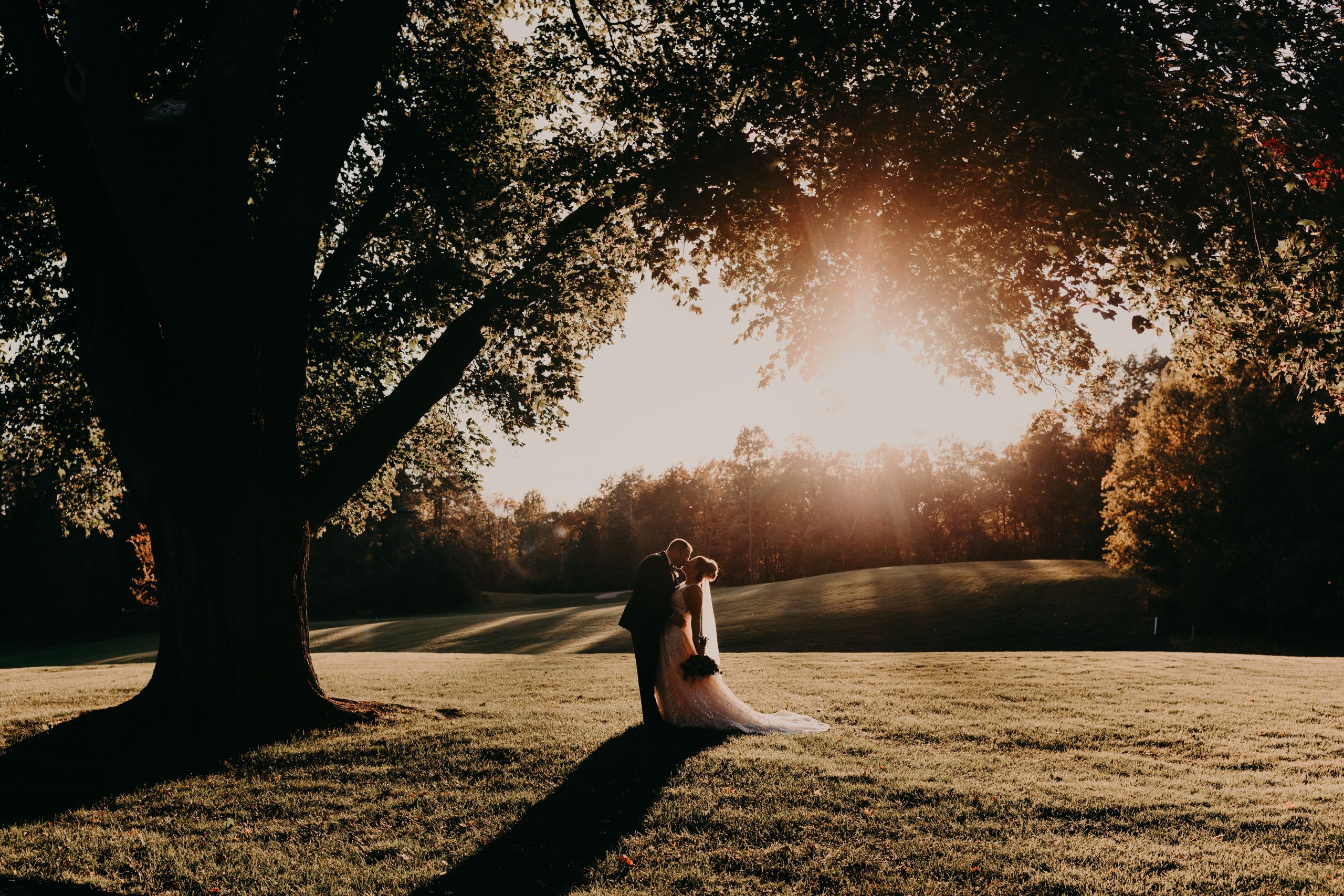 Bride and Groom at sunset at Meadow Brook Hall