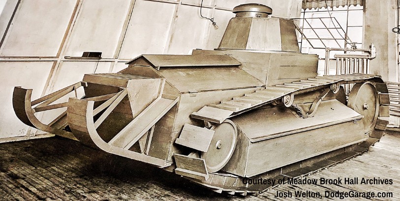 Historic photo from 1918 showing a prototype design of a tank created by the Dodge brothers.