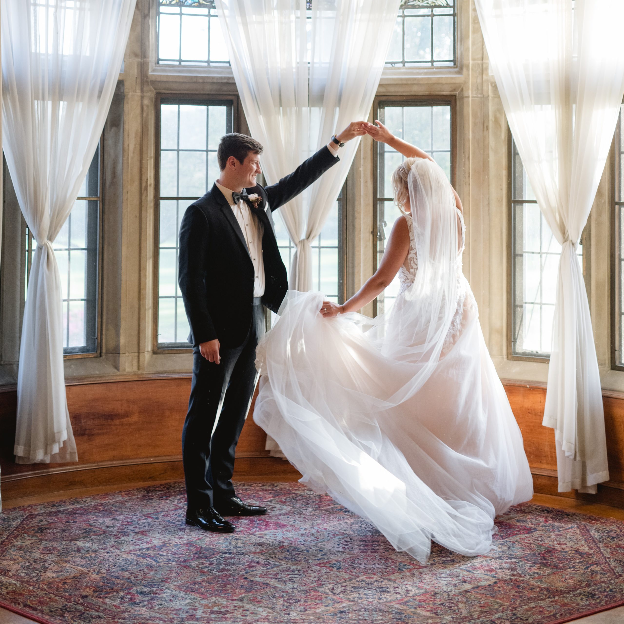 Bride and Groom inside Meadow Brook Hall on their wedding day