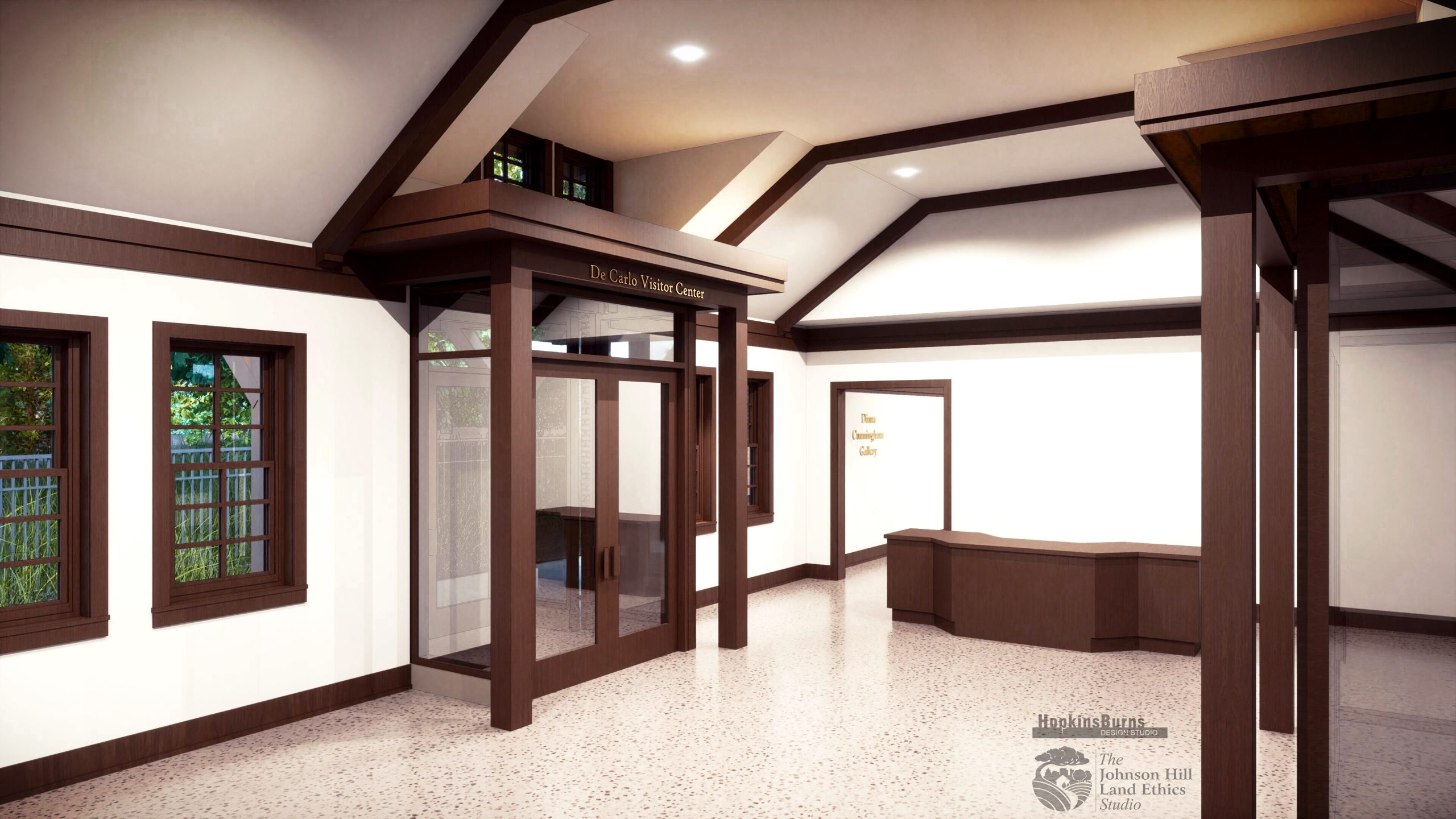 Rendering of the interior of Meadow Brook's De Carlo Visitor Center.