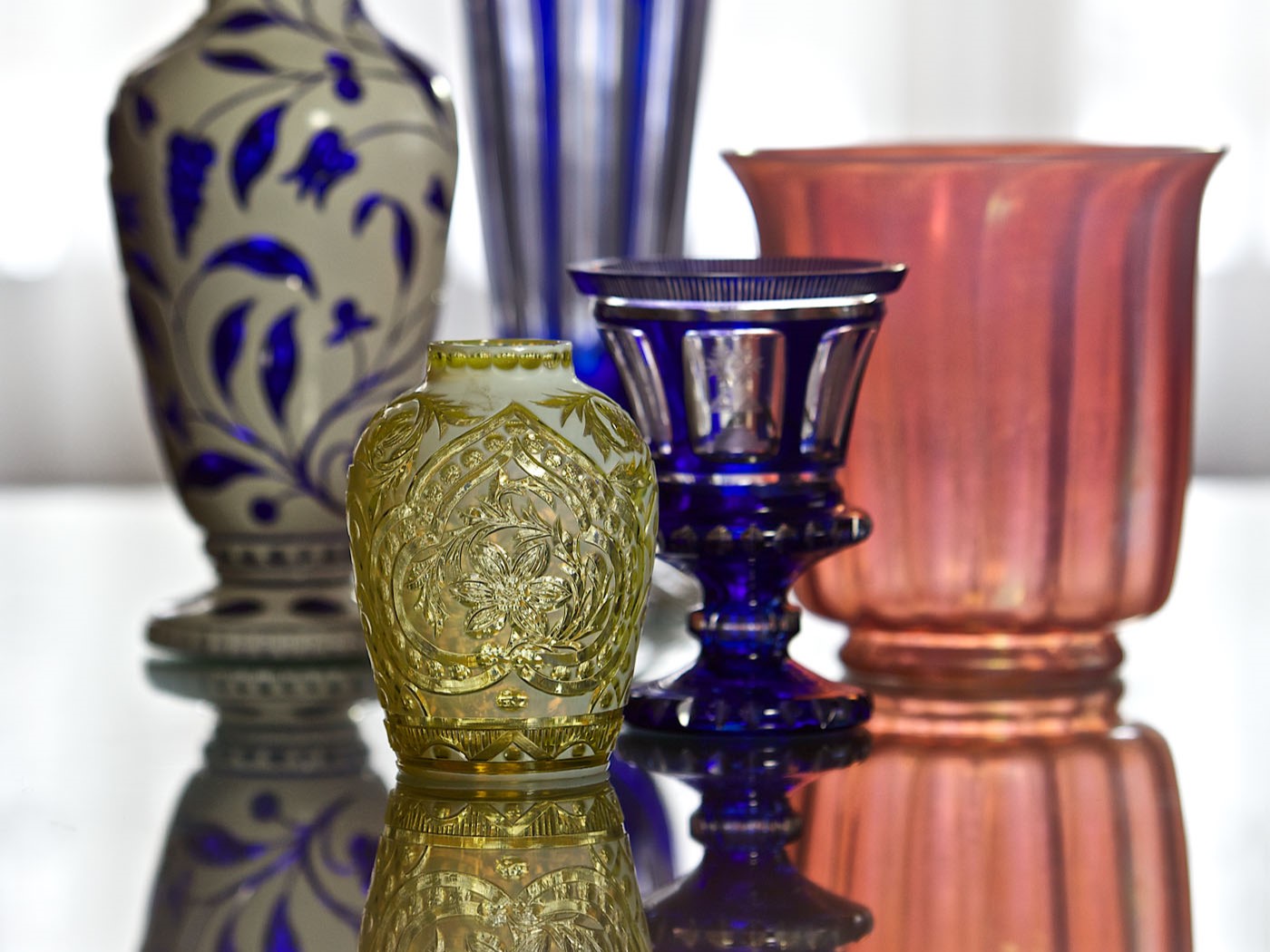 Beautiful glass vases in Meadow Brook's collection.