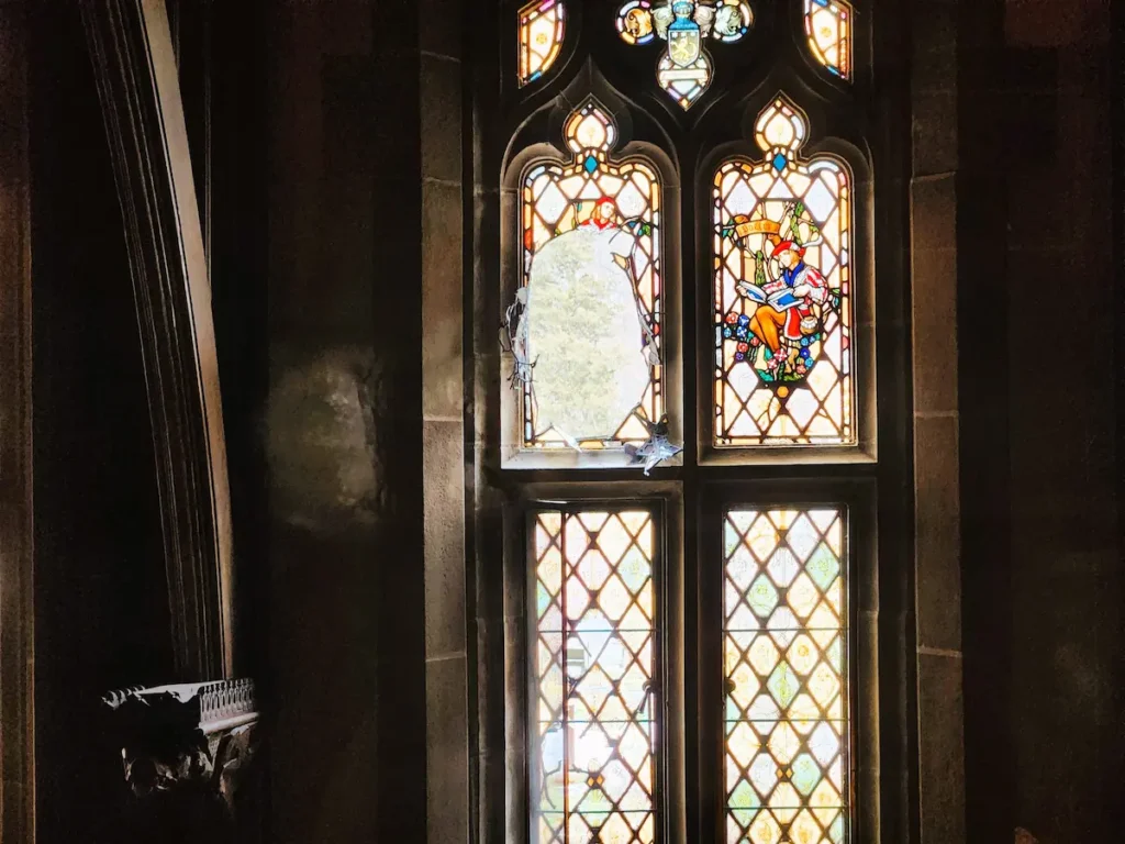 Meadow Brook Hall's stained glass windows were damaged by vandalism.