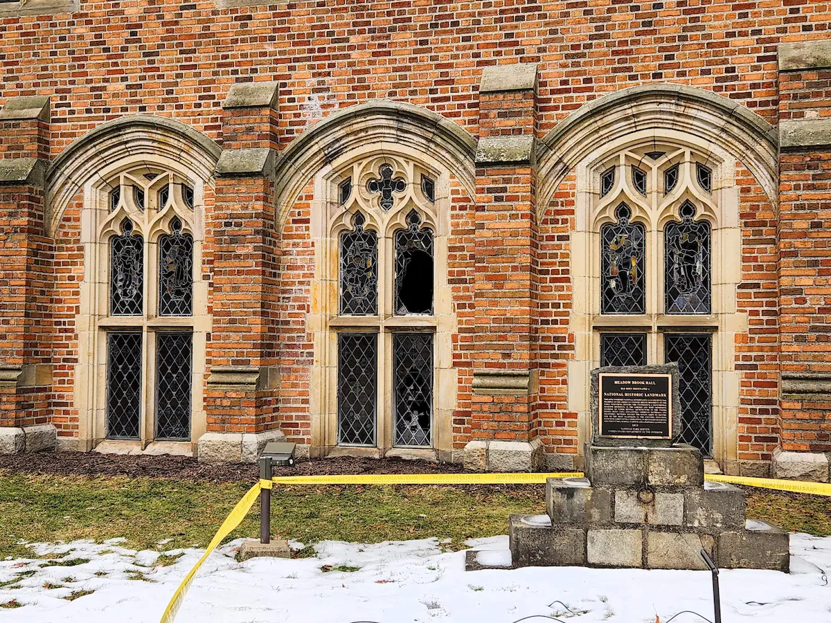 Meadow Brook Hall's stained glass windows were damaged by vandalism.