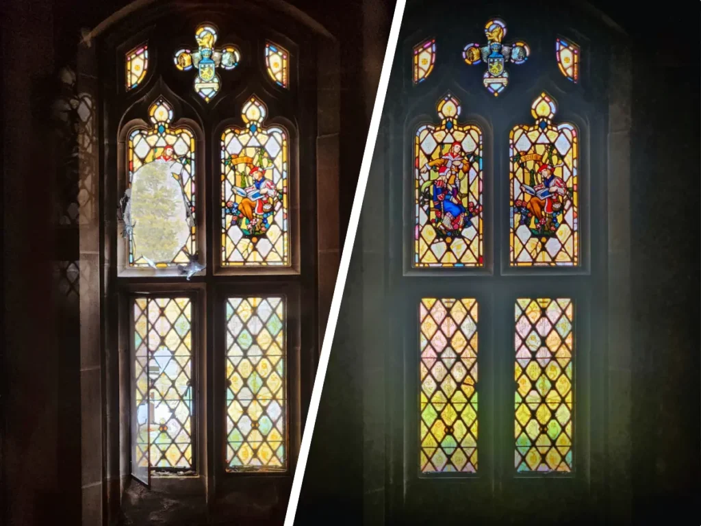 Meadow Brook's stained glass windows showing before and after restoration.