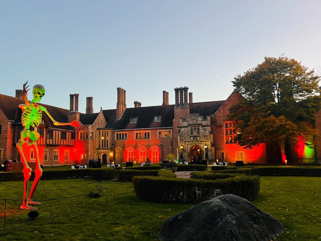 Halloween skeleton in front of Meadow Brook Hall