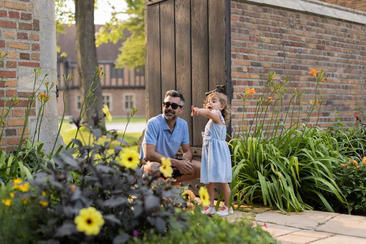 Father and daughter explore Meadow Brook Hall.